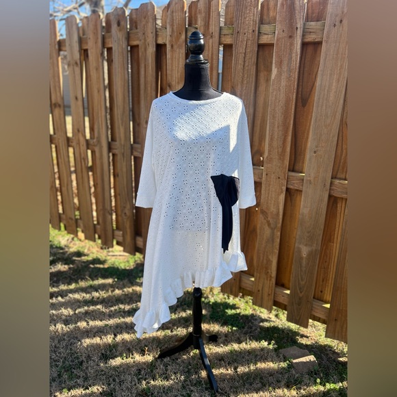 Tops - White Lace Blouse with Black Bow Detail